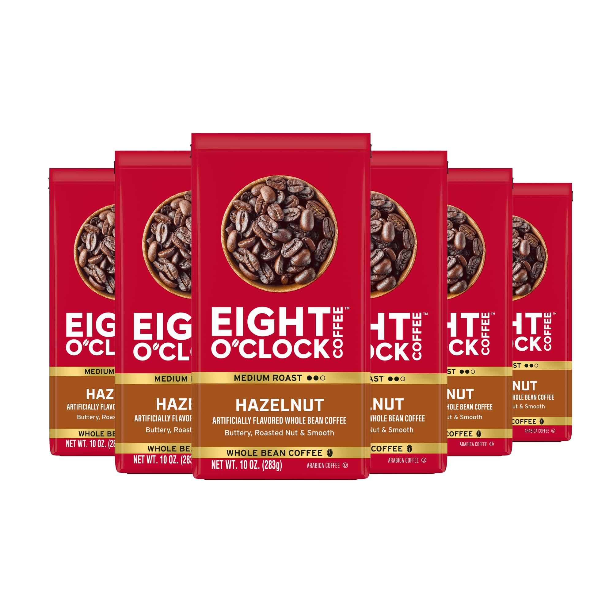 Eight O'Clock Hazelnut vista frontal del empaque muestra aroma y frescura