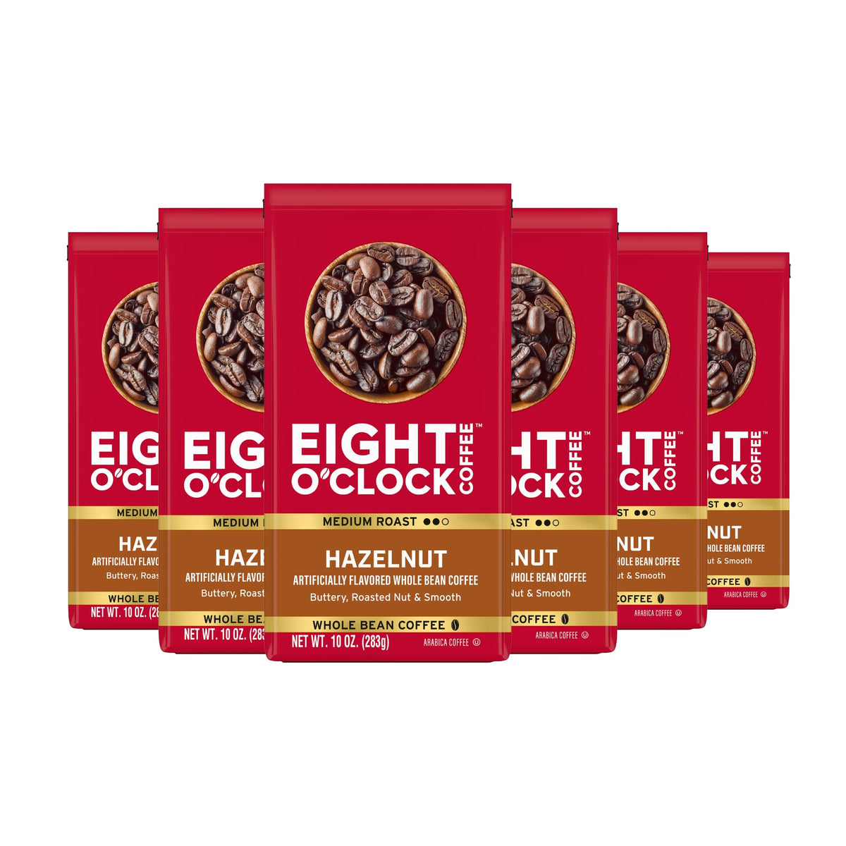 Eight O'Clock Hazelnut vista frontal del empaque muestra aroma y frescura