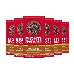 Eight O'Clock Hazelnut vista frontal del empaque muestra aroma y frescura