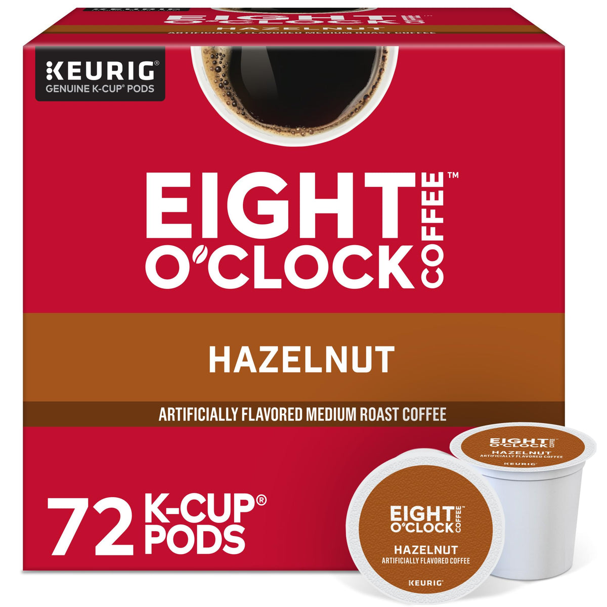Eight O'Clock Coffee empaque frontal Hazelnut, destaca suministro y aroma
