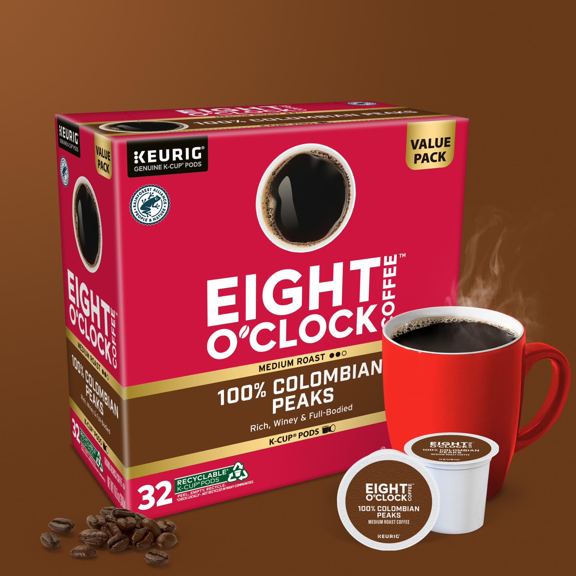 Eight O'Clock Coffee envase con 32 unidades preparado para almacenamiento