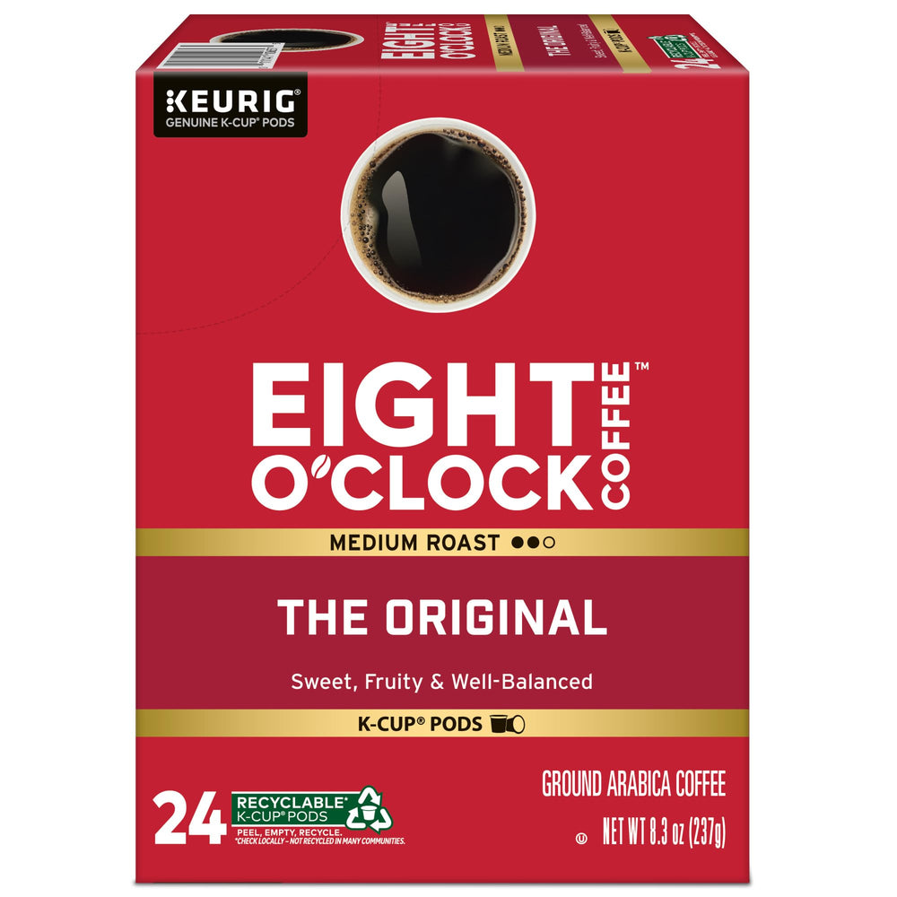 Eight O'Clock Coffee cápsula inserta en cafetera Keurig preparando taza rápida
