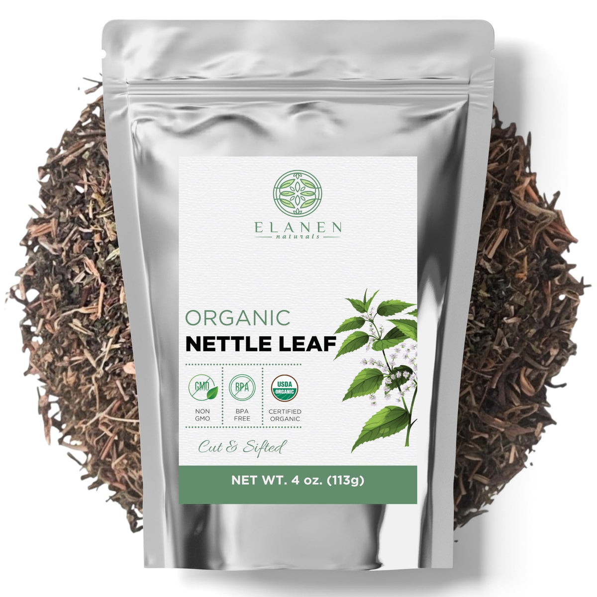 Elanen Naturals vista frontal del empaque que protege la ortiga