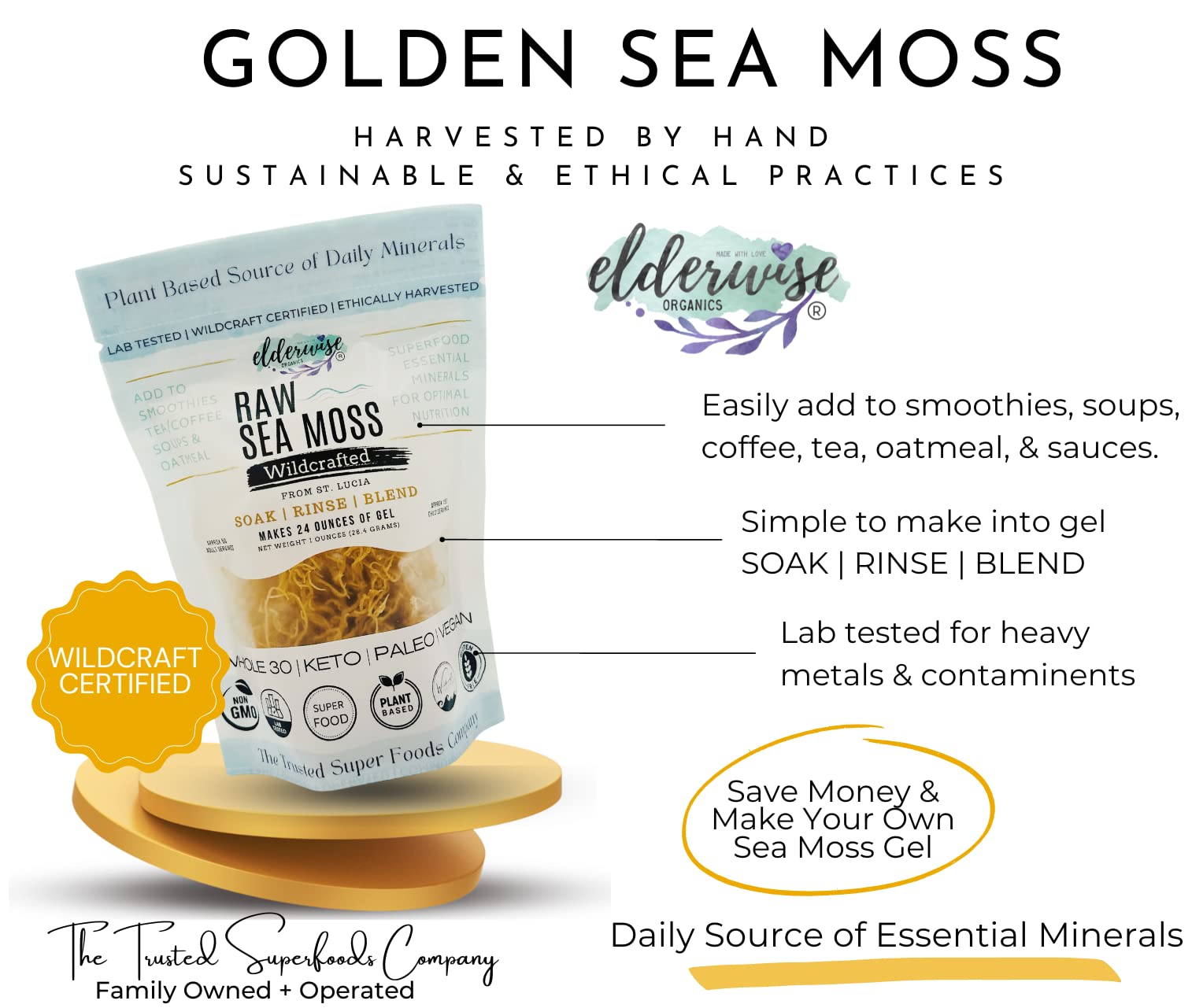 Elderwise Organics Made With Love textura cruda del musgo marino limpia y natural