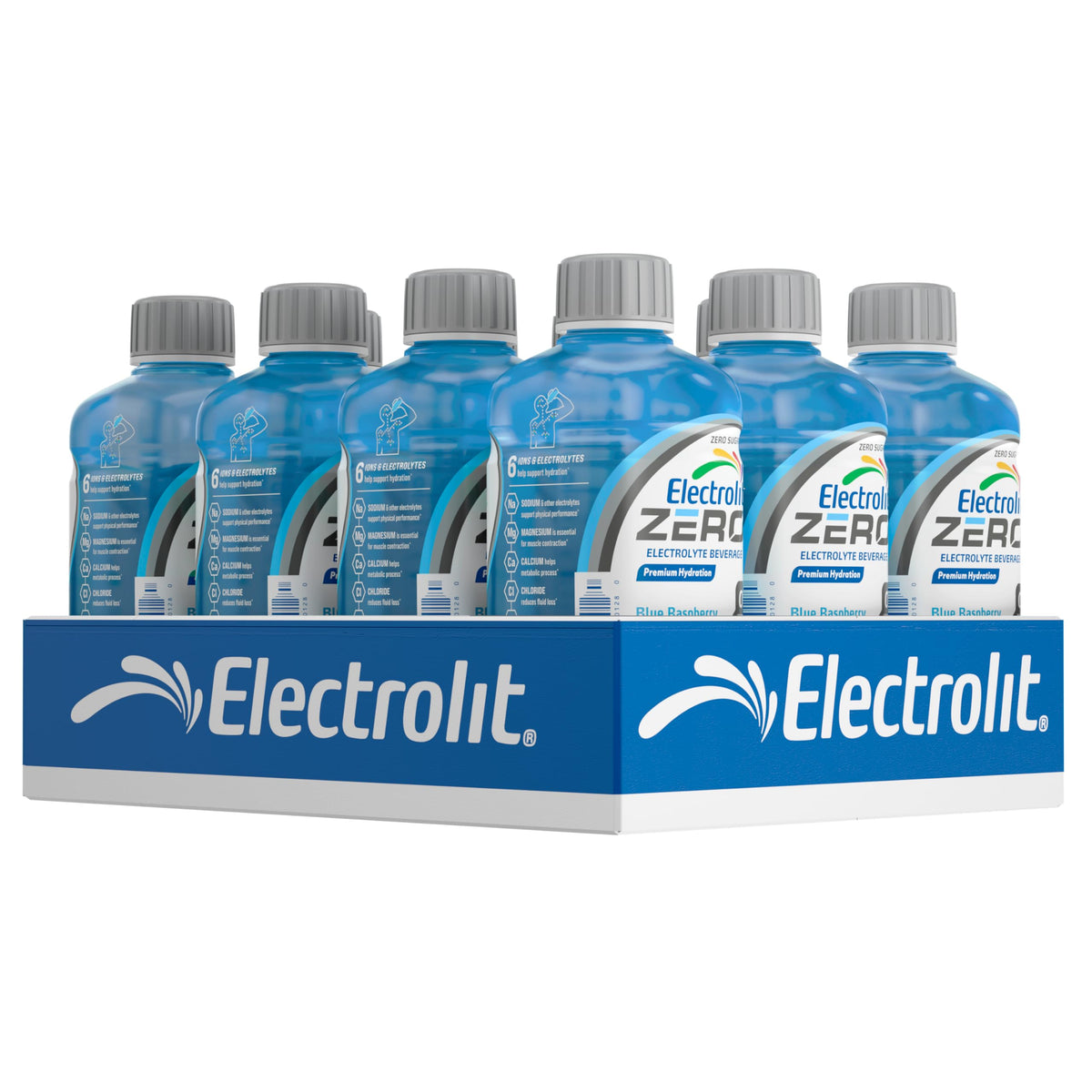 Electrolit frente del envase con logo y sabor frambuesa azul, hidratación inmediata