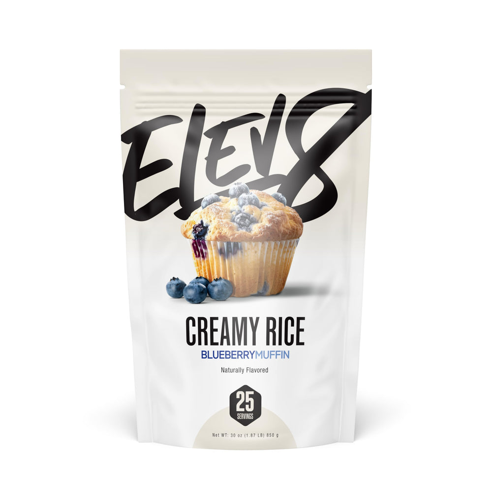 Elev8 Creamy Rice frente del envase mostrando 25 porciones y sabor blueberry muffin