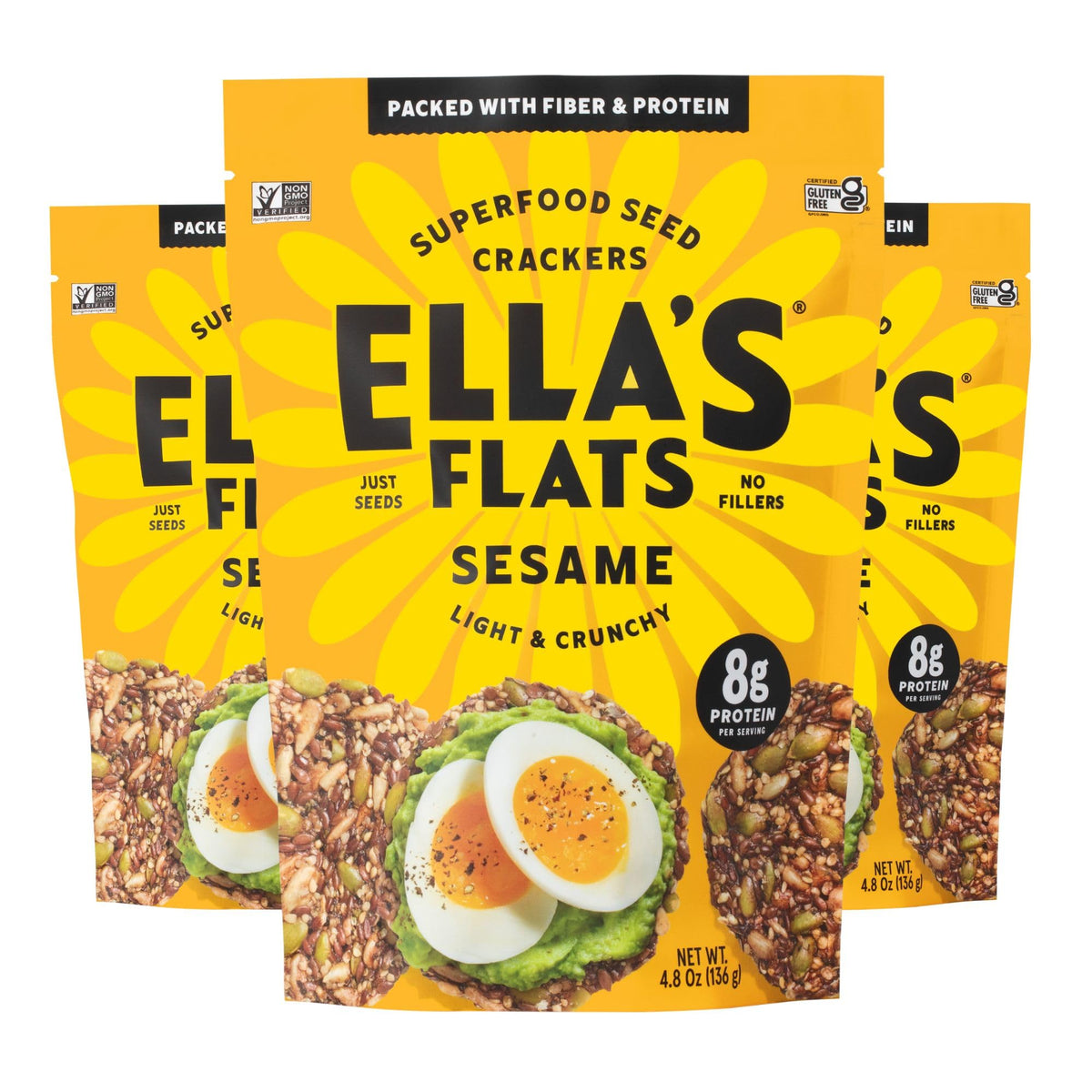 ELLA'S FLATS empaque frontal mostrando el pack y ventaja de formato práctico