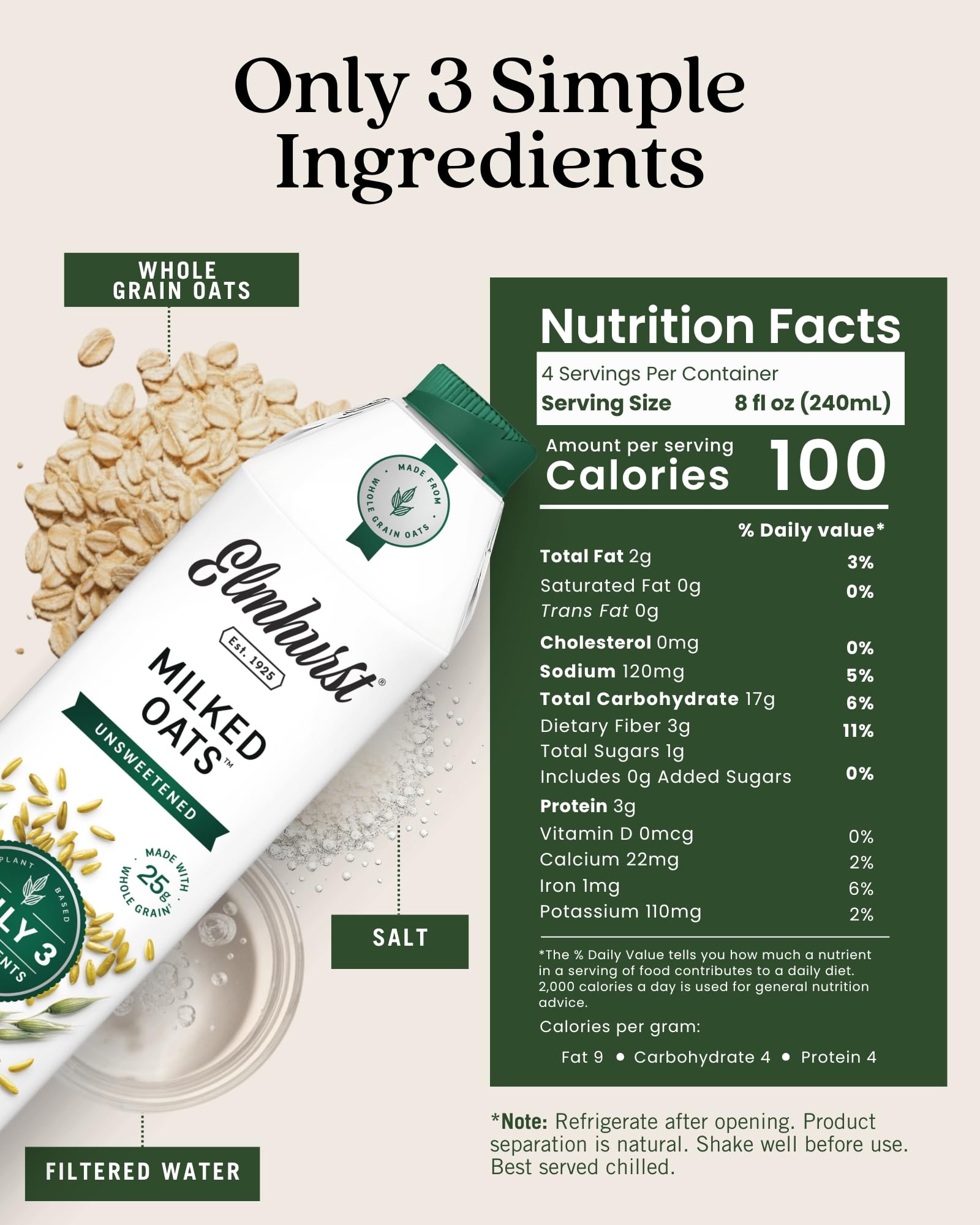 Elmhurst primer plano de la etiqueta con ingredientes claros y beneficios