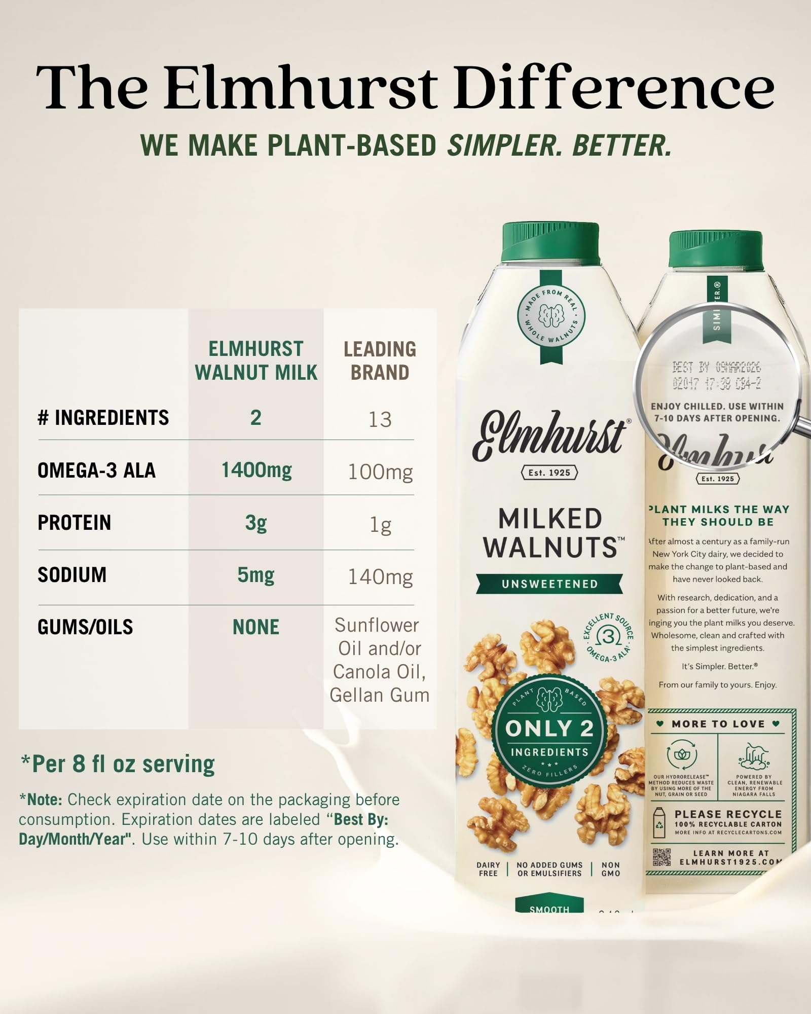 Elmhurst etiqueta cercana mostrando ingredientes simples y transparencia del producto