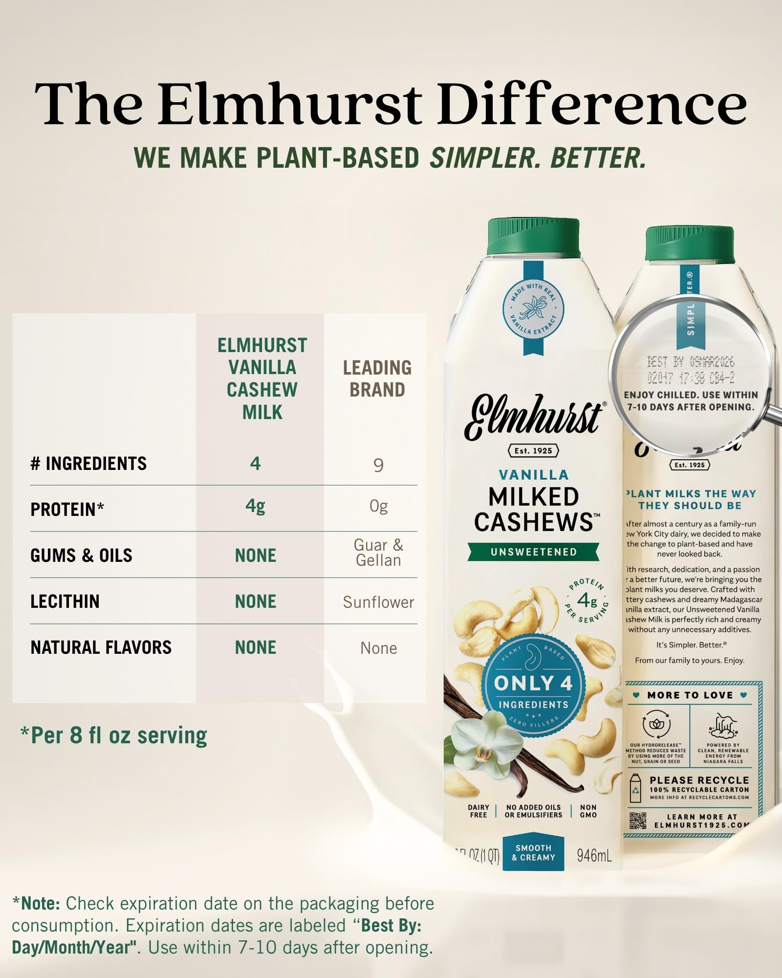Elmhurst etiqueta de ingredientes que destaca la lista corta y natural