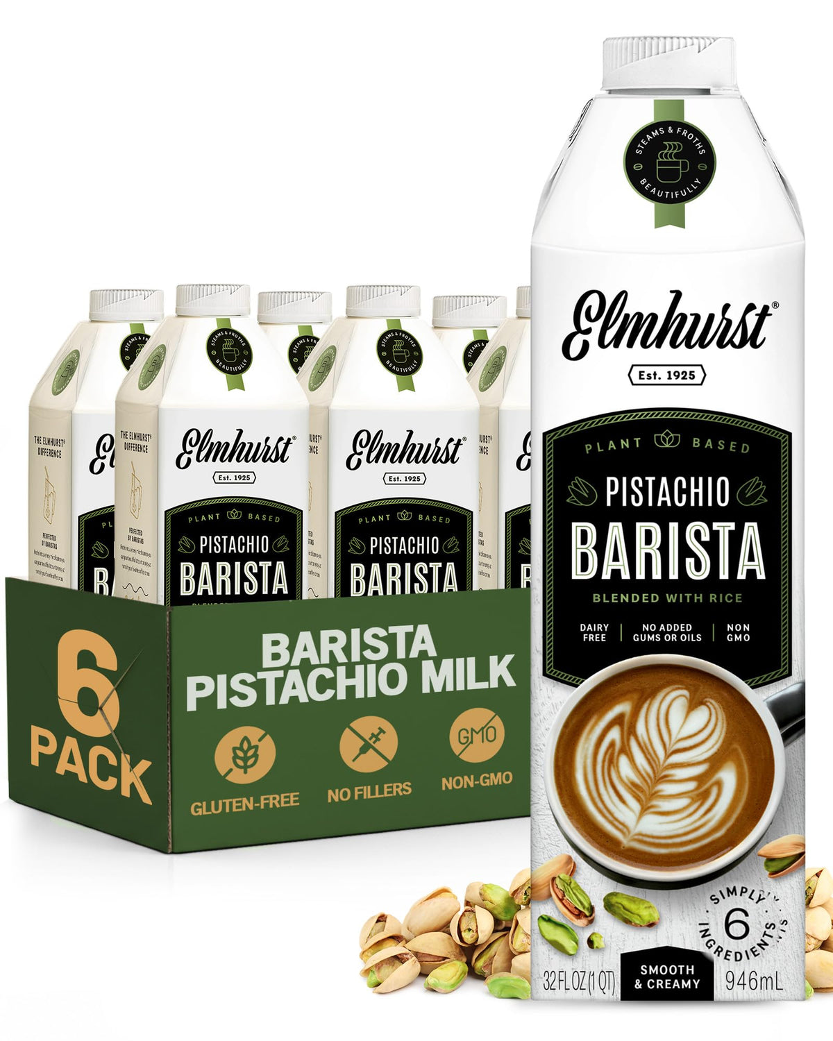 Elmhurst pistachio frente del paquete muestra el envase y beneficio de ingredientes simples