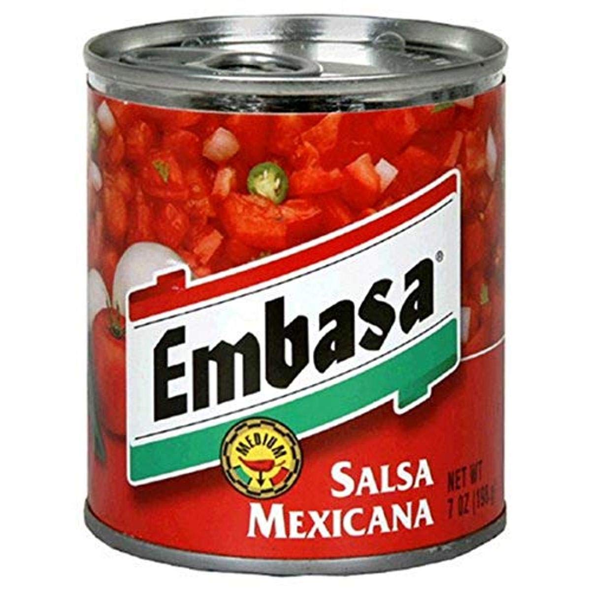 Embasa salsa mexicana lata frente mostrando etiqueta y uso práctico