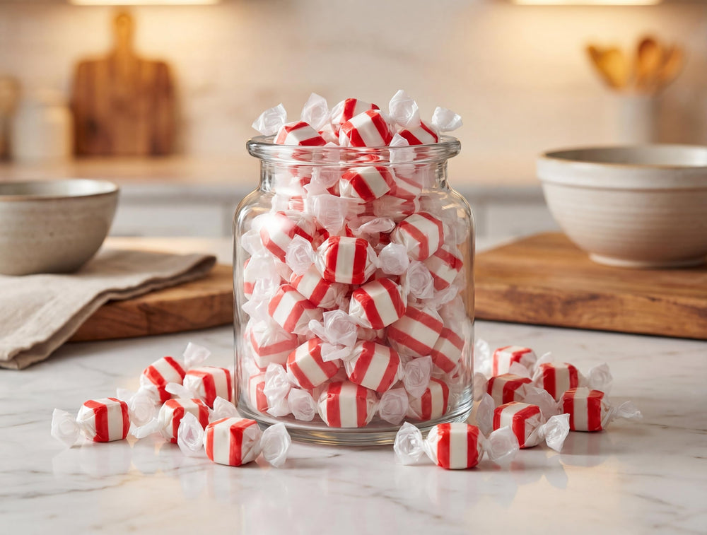 EMPORIUM CANDY mano sosteniendo caramelo Peppermint para mostrar tamaño y conveniencia
