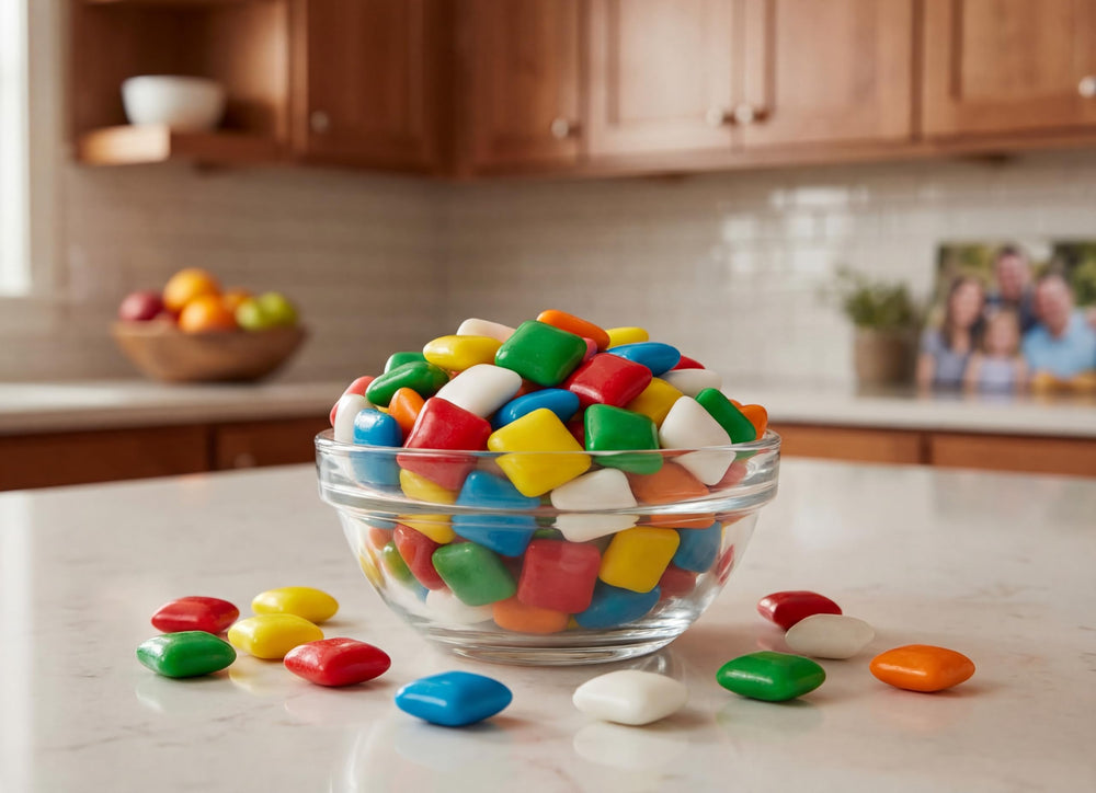 EMPORIUM CANDY manos sosteniendo varias piezas de Mini Chiclet para mostrar facilidad de compartir