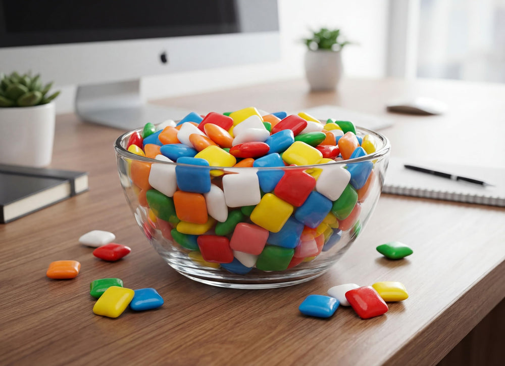 EMPORIUM CANDY comparación de tamaño de Mini Chiclet junto a una moneda para escala clara