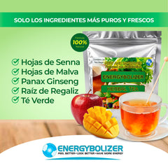 Energybolizer mezcla de hojas y frutas que sugiere apoyo digestivo