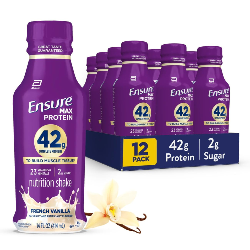 Ensure Max Protein vista frontal con diseño y sabor Vainilla Francesa, conveniencia inmediata