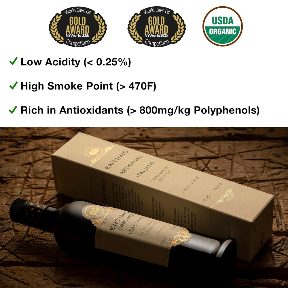 ENTIMIO Cortese etiqueta con certificados USDA Organic y premio Gold NYIOOC