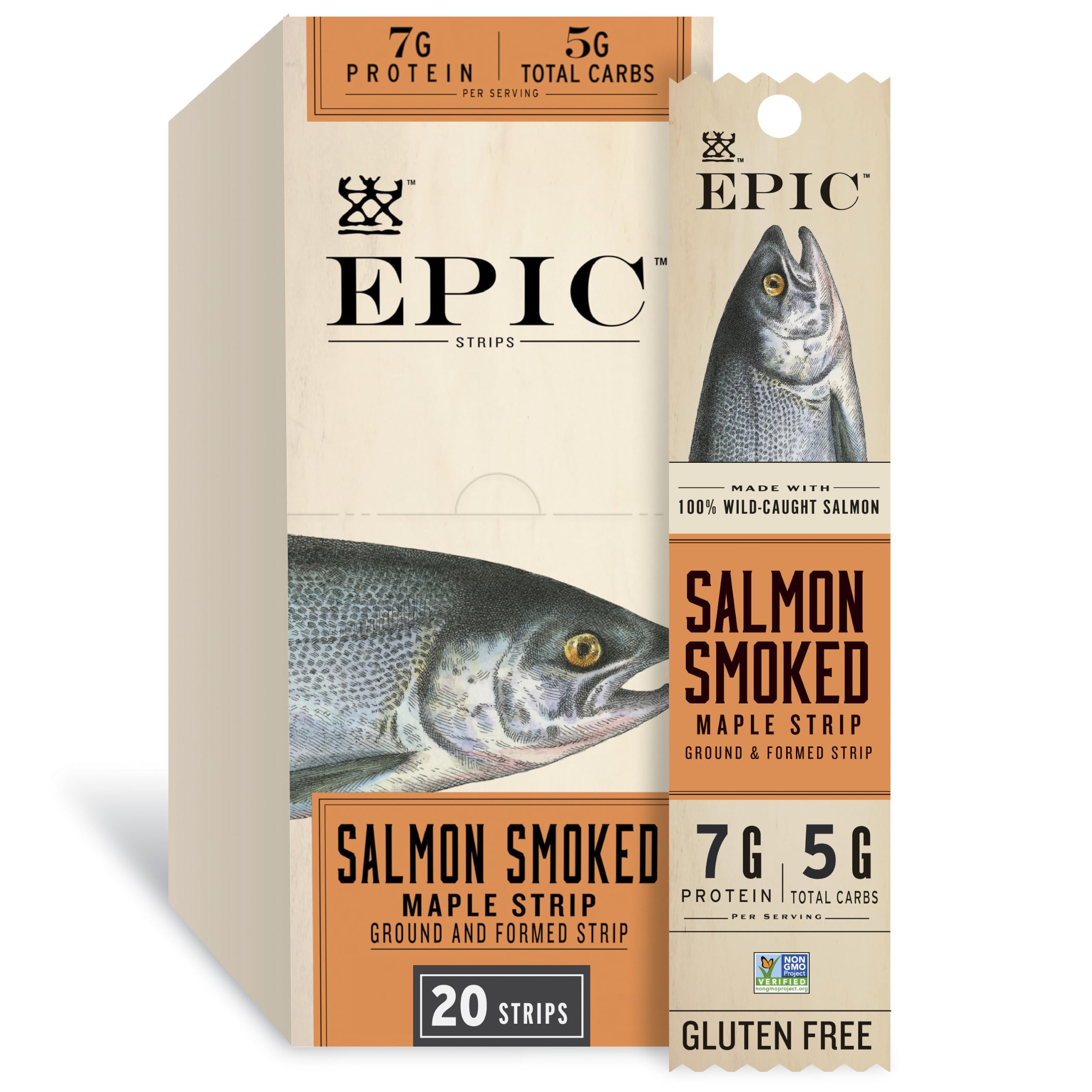 EPIC empaque frontal mostrando tiras de salmón ahumado con maple y conveniencia
