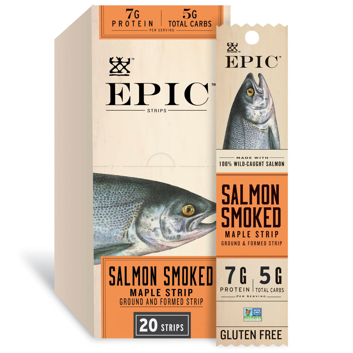 EPIC empaque frontal mostrando tiras de salmón ahumado con maple y conveniencia