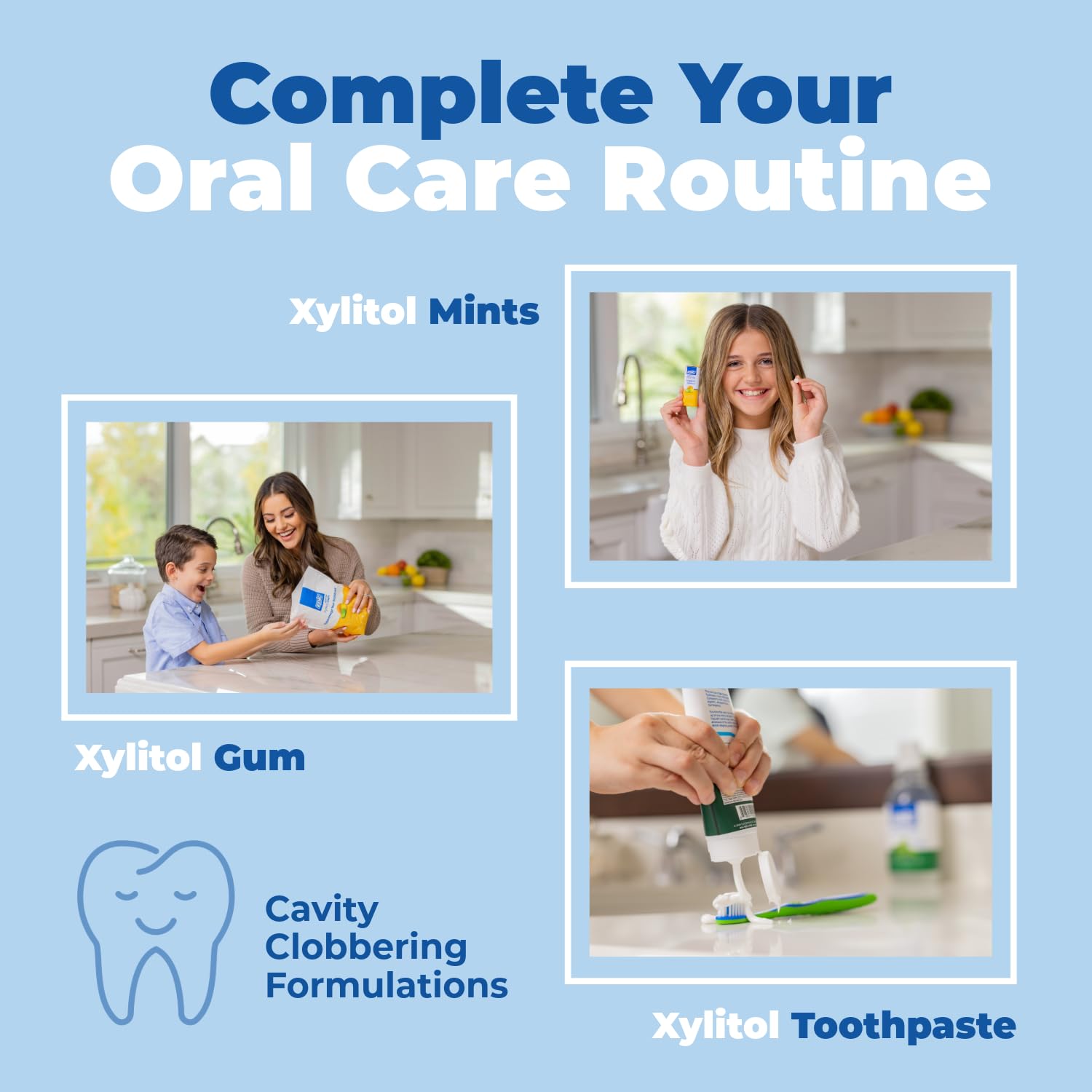 Epic envase con xilitol destacado como ingrediente clave y apoyo dental