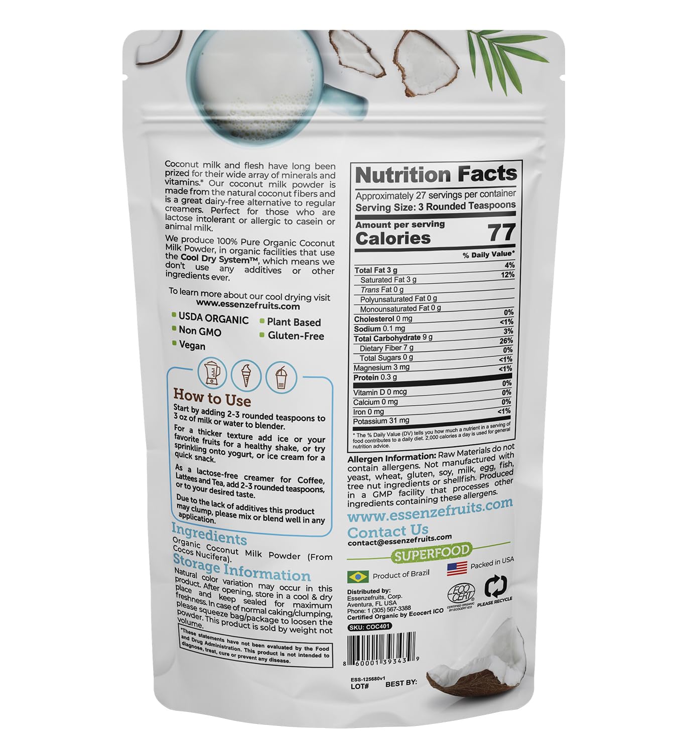 Essenzefruits polvo de leche de coco textura en primer plano, aspecto fino y uniforme