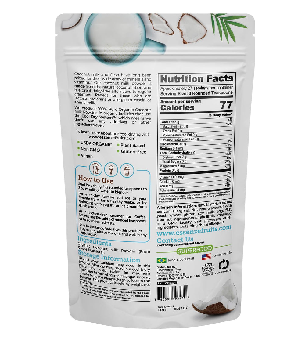 Essenzefruits polvo de leche de coco textura en primer plano, aspecto fino y uniforme