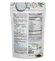 Essenzefruits polvo de leche de coco textura en primer plano, aspecto fino y uniforme
