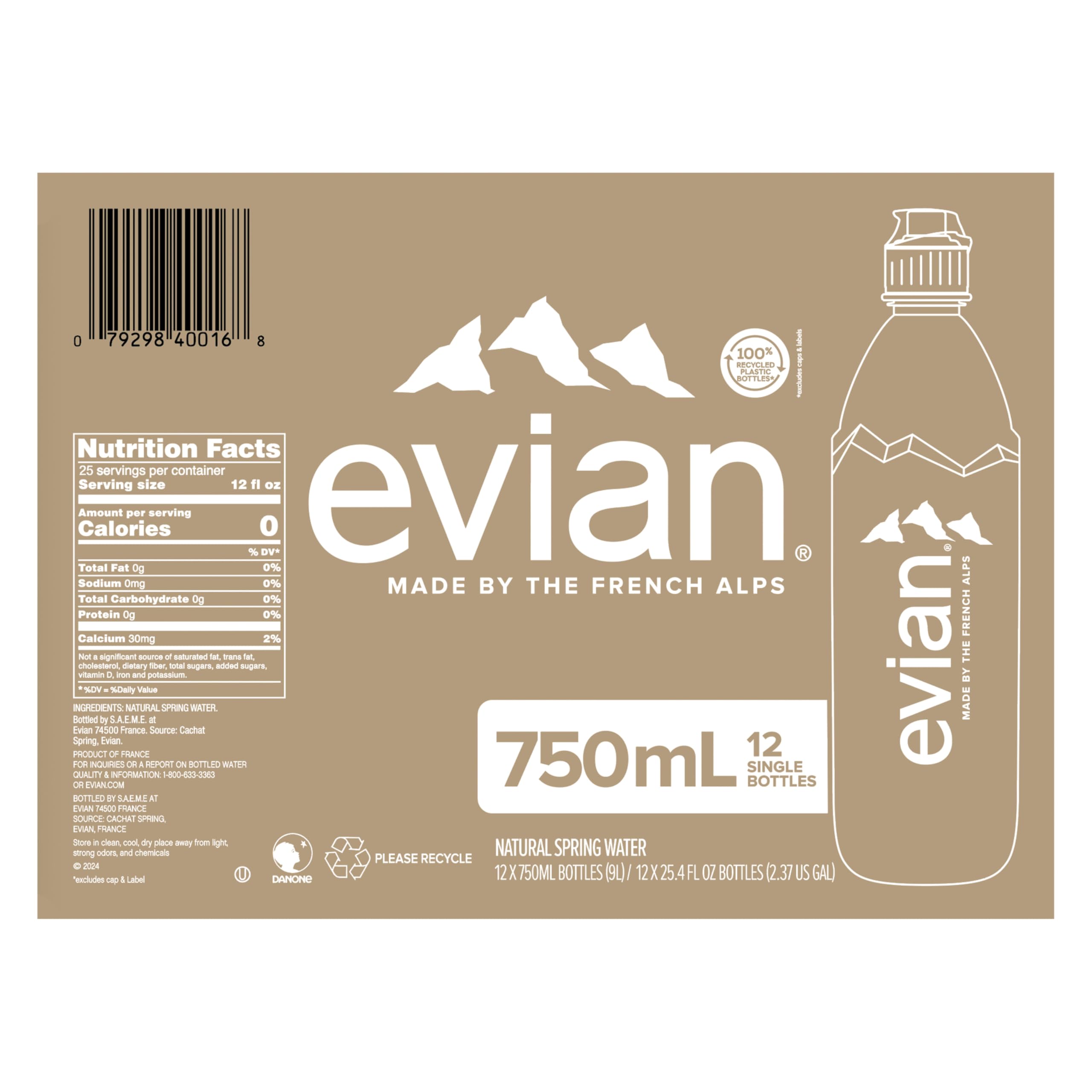 evian botella 750 ml con tapa deportiva mostrando uso fácil y seguro