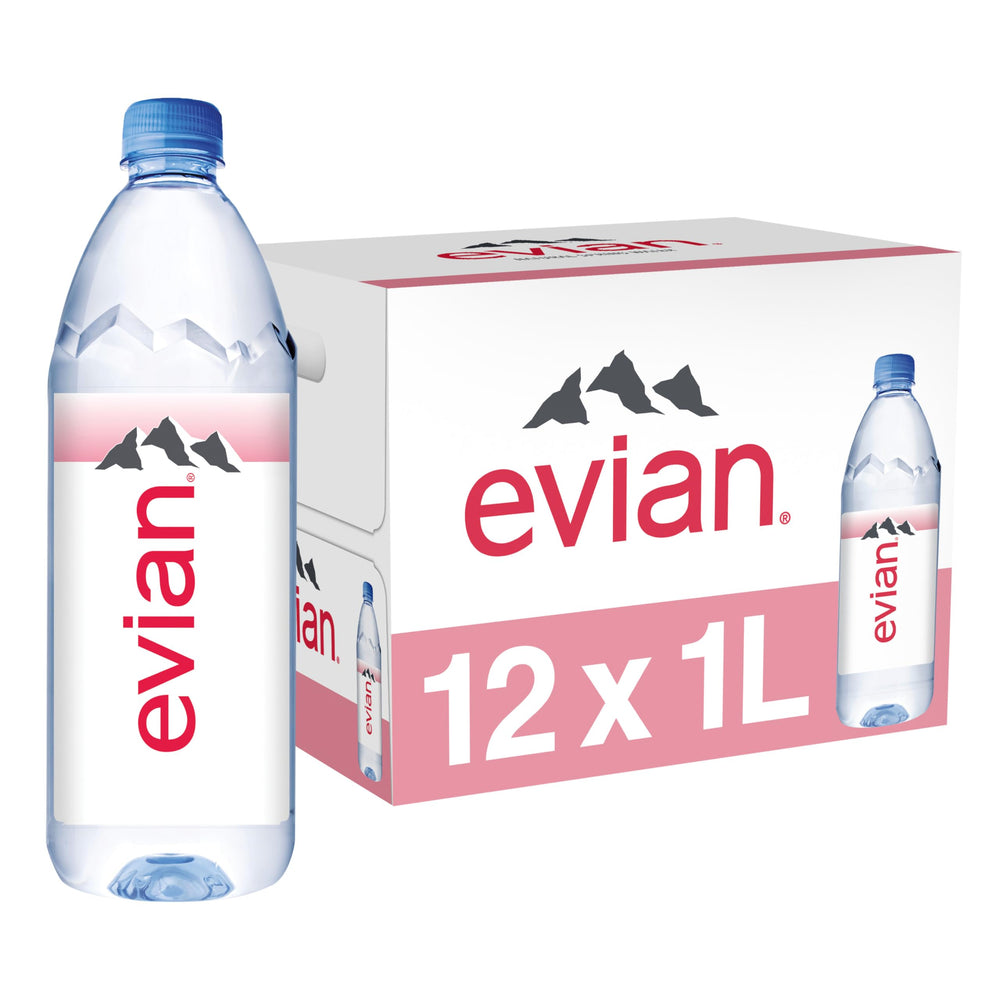 evian pack de 12 botellas mostrando conveniencia y almacenamiento