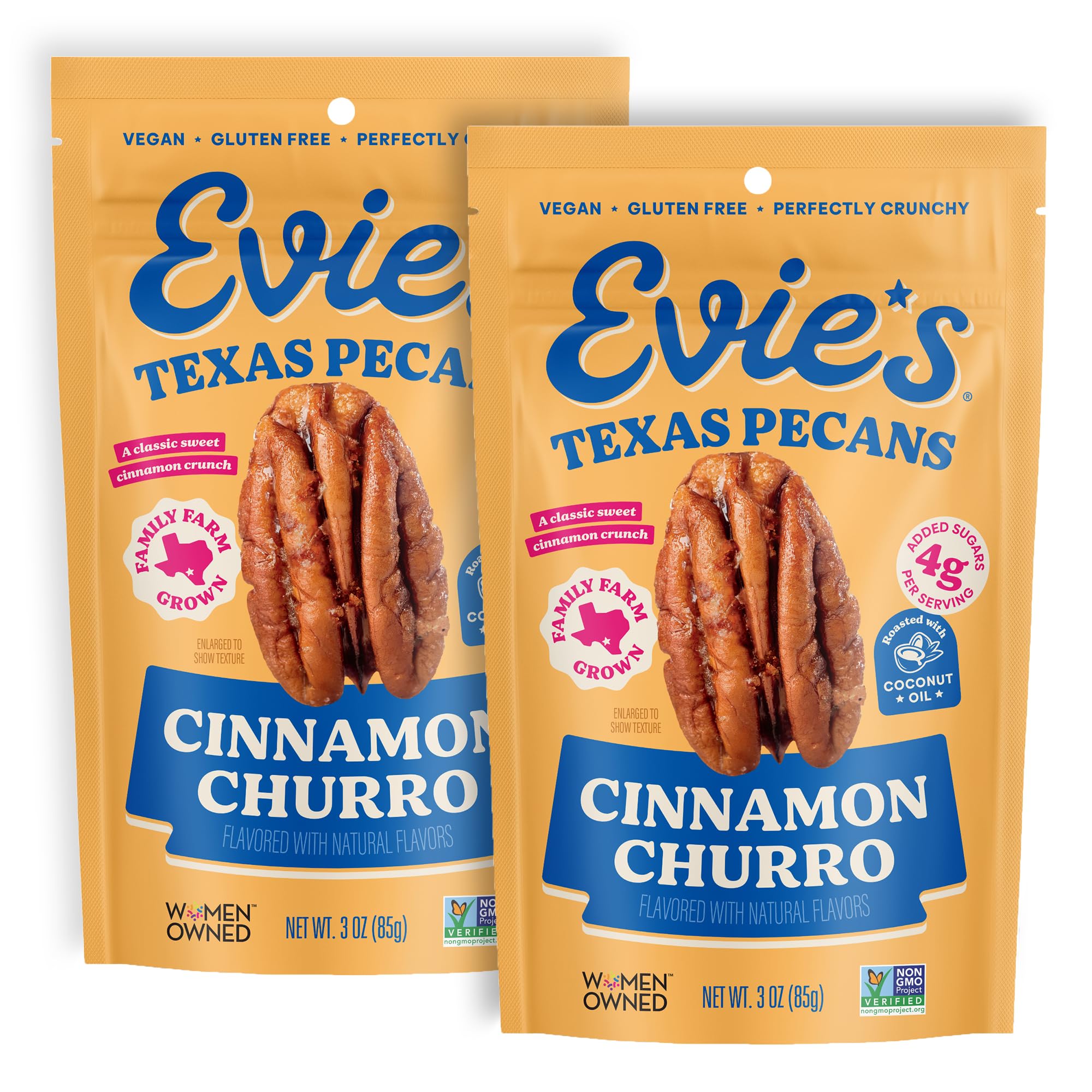 Evie's paquete frontal mostrando sabor cinnamon churro y conveniencia