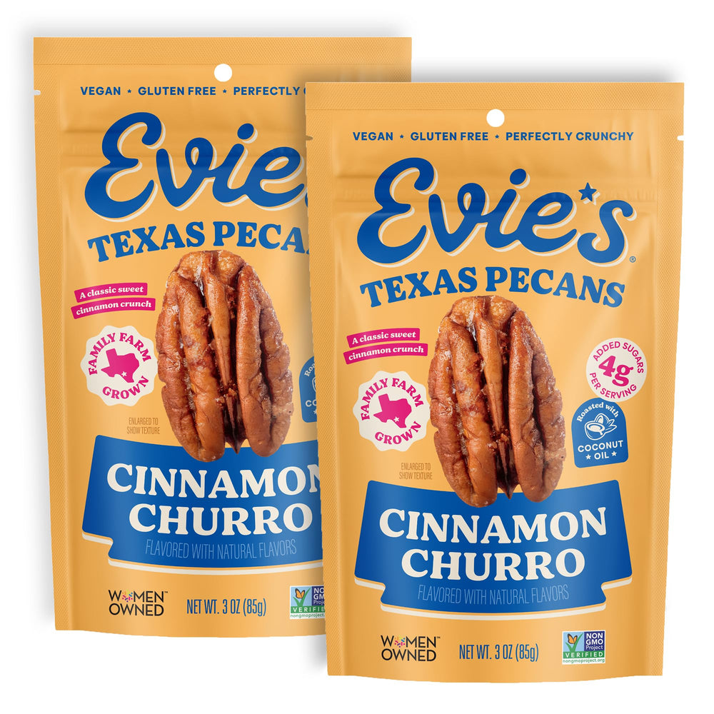 Evie's paquete frontal mostrando sabor cinnamon churro y conveniencia