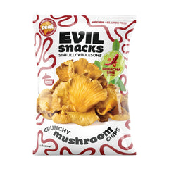 EVIL SNACKS paquete frontal mostrando sabor sriracha lima y certificaciones