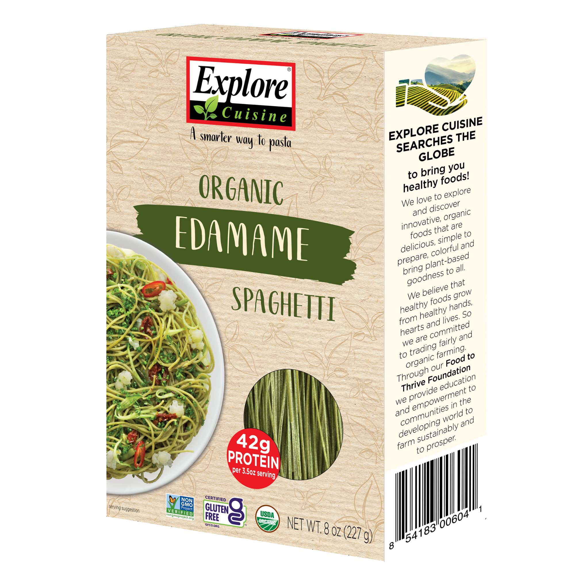 Explore Cuisine paquete frontal de edamame spaghetti mostrando formato y beneficios nutricionales