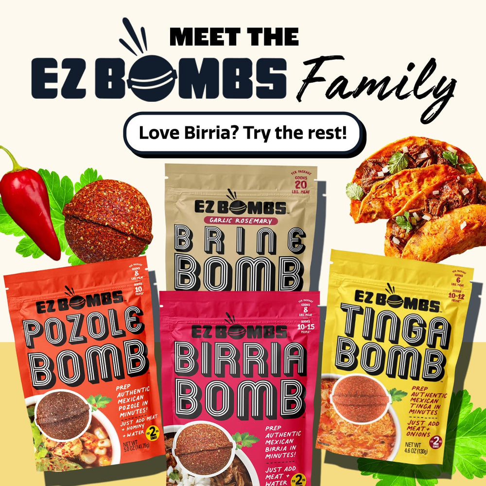 EZ Bombs mesa de cena con tacos birria lista para compartir