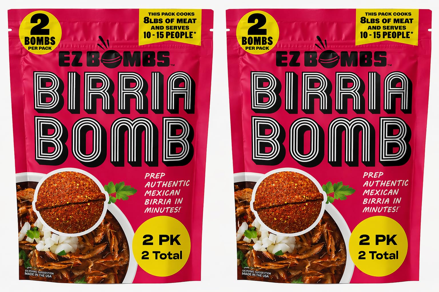 EZ Bombs paquete frontal con cuatro birria bombs listo para cocinar
