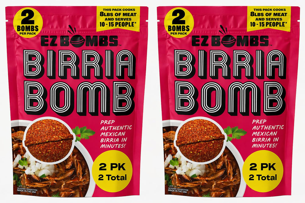 EZ Bombs paquete frontal con cuatro birria bombs listo para cocinar