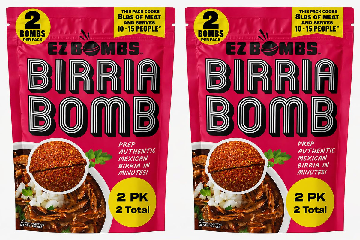 EZ Bombs paquete frontal con cuatro birria bombs listo para cocinar