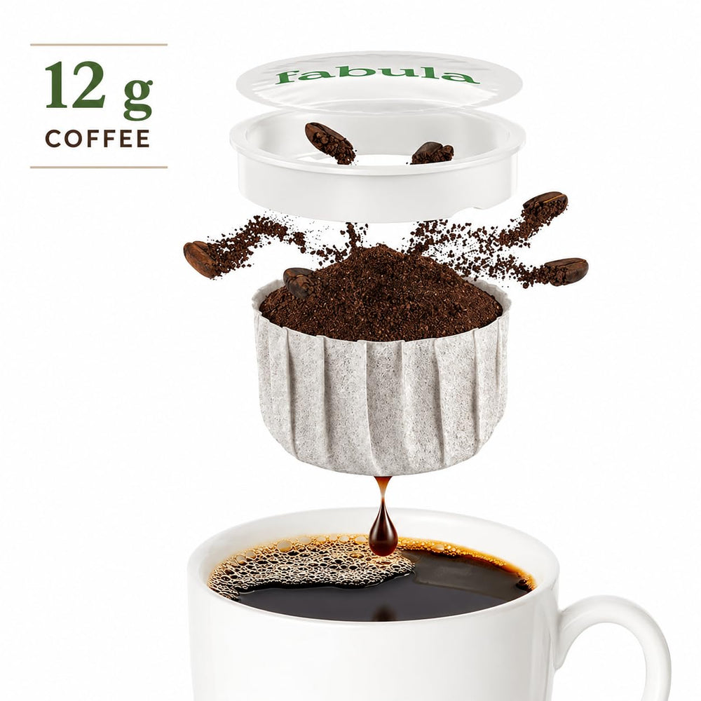 Fabula cápsula colocada en máquina Keurig demostrando compatibilidad y conveniencia