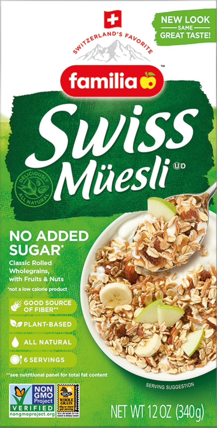 Close-up de textura del Familia Müesli con copos, pasas y frutos secos resaltando frescura