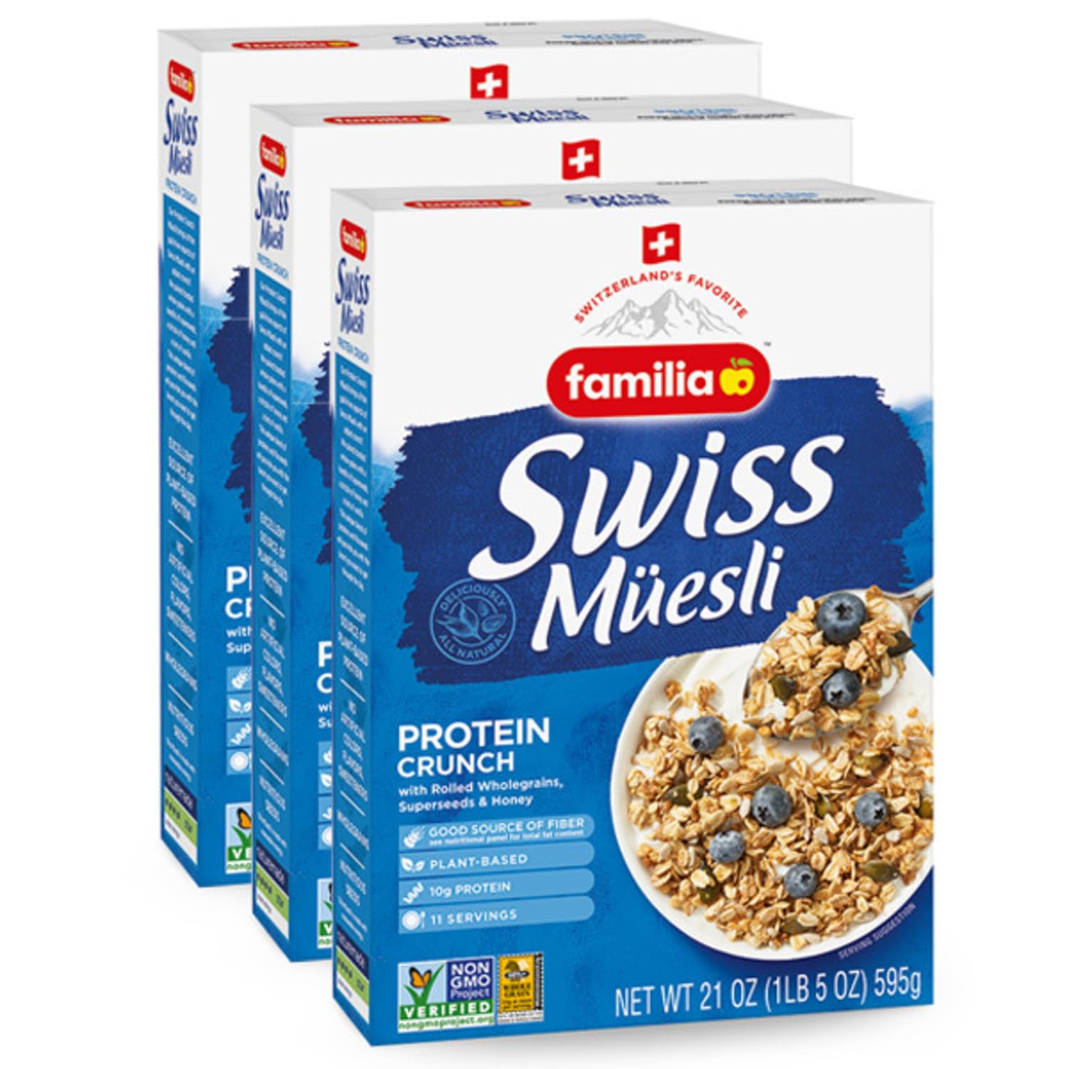 Familia paquete frontal del Protein Crunch que muestra la marca y beneficios