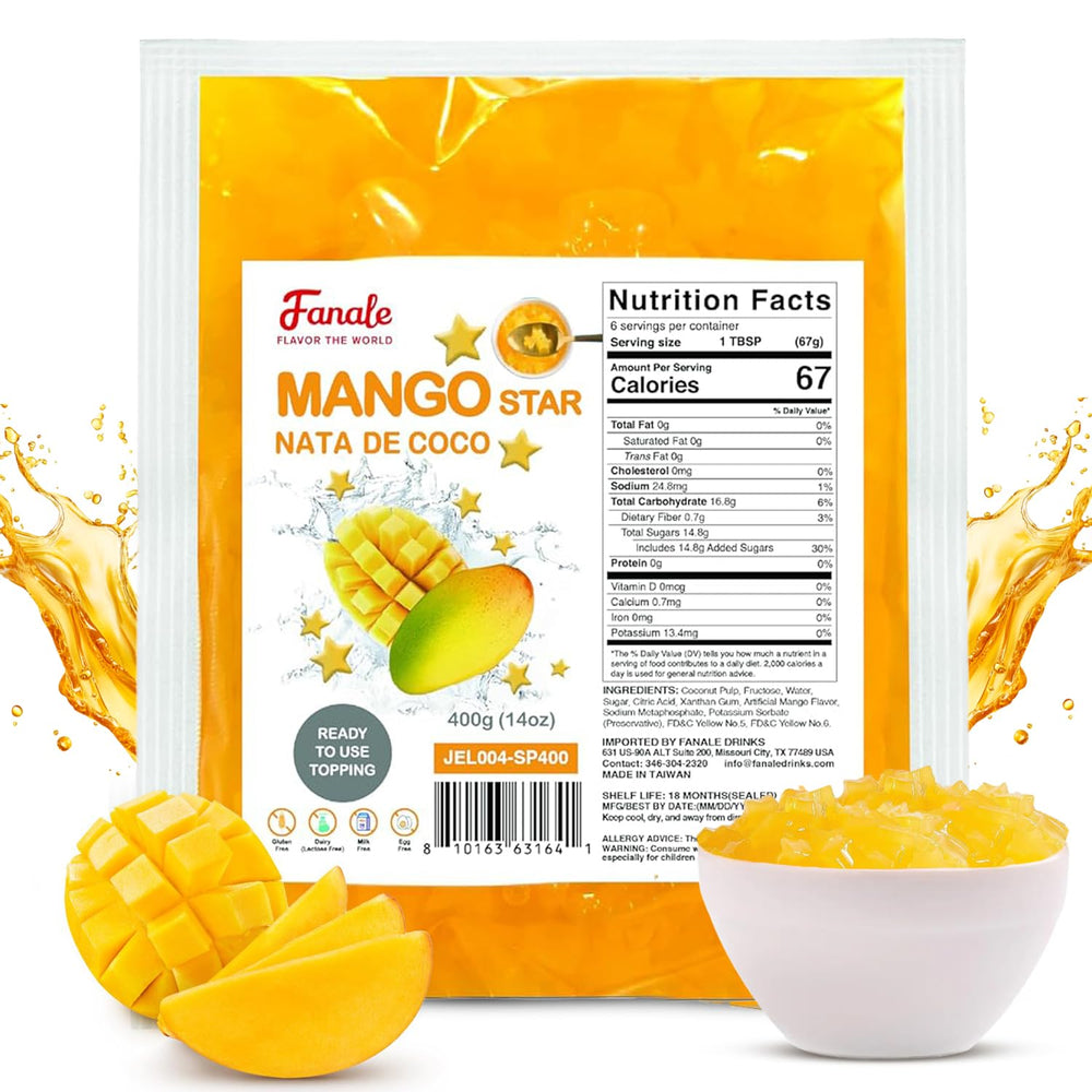 Fanale frontal del envase mostrando topping de nata de coco y beneficio visual