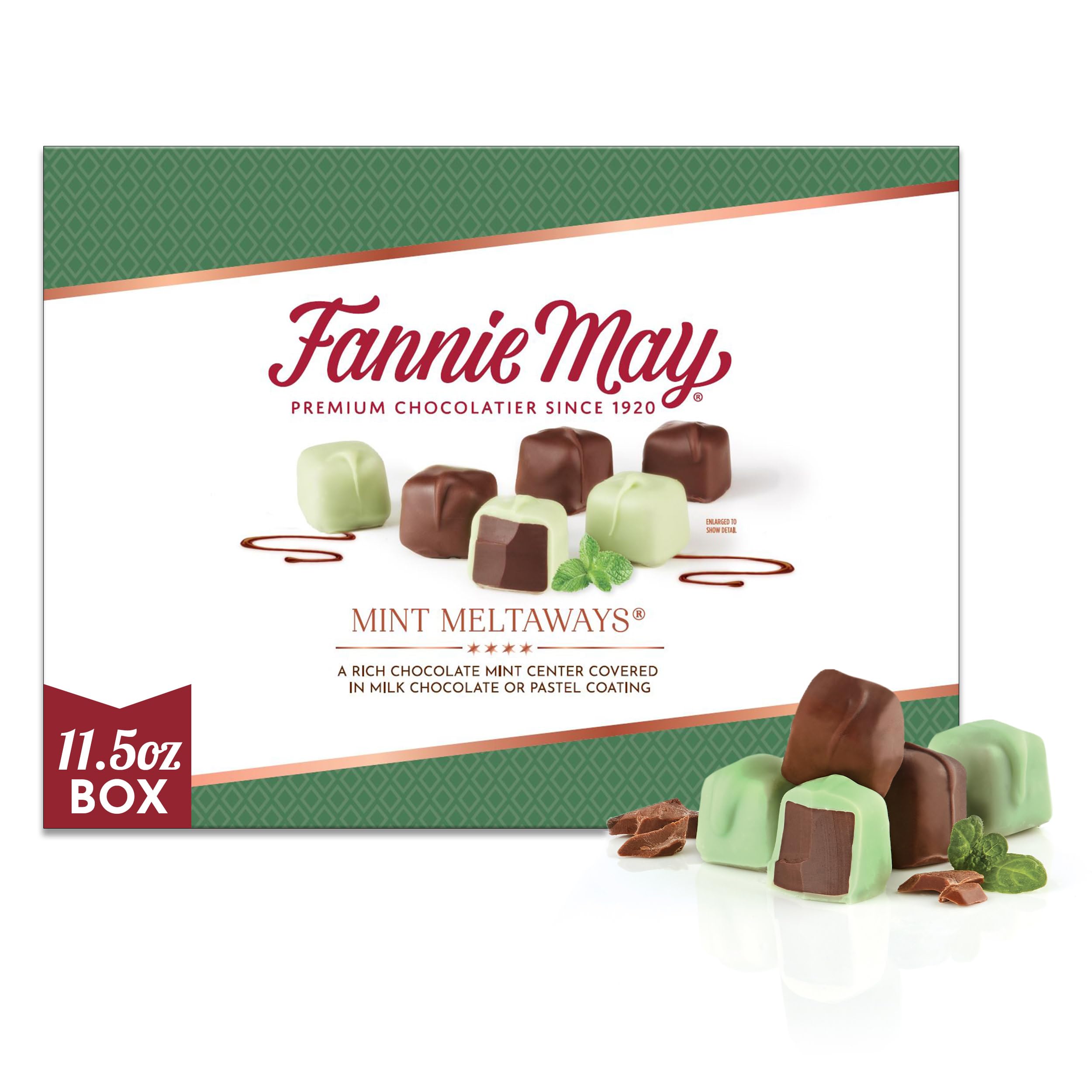 Fannie May caja frontal Mint Meltaways muestra regalo premium