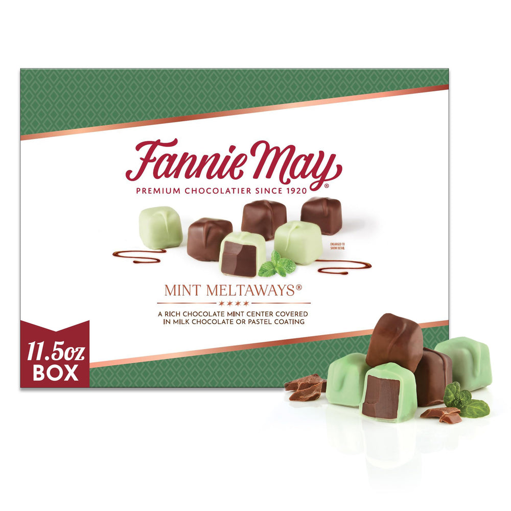 Fannie May caja frontal Mint Meltaways muestra regalo premium