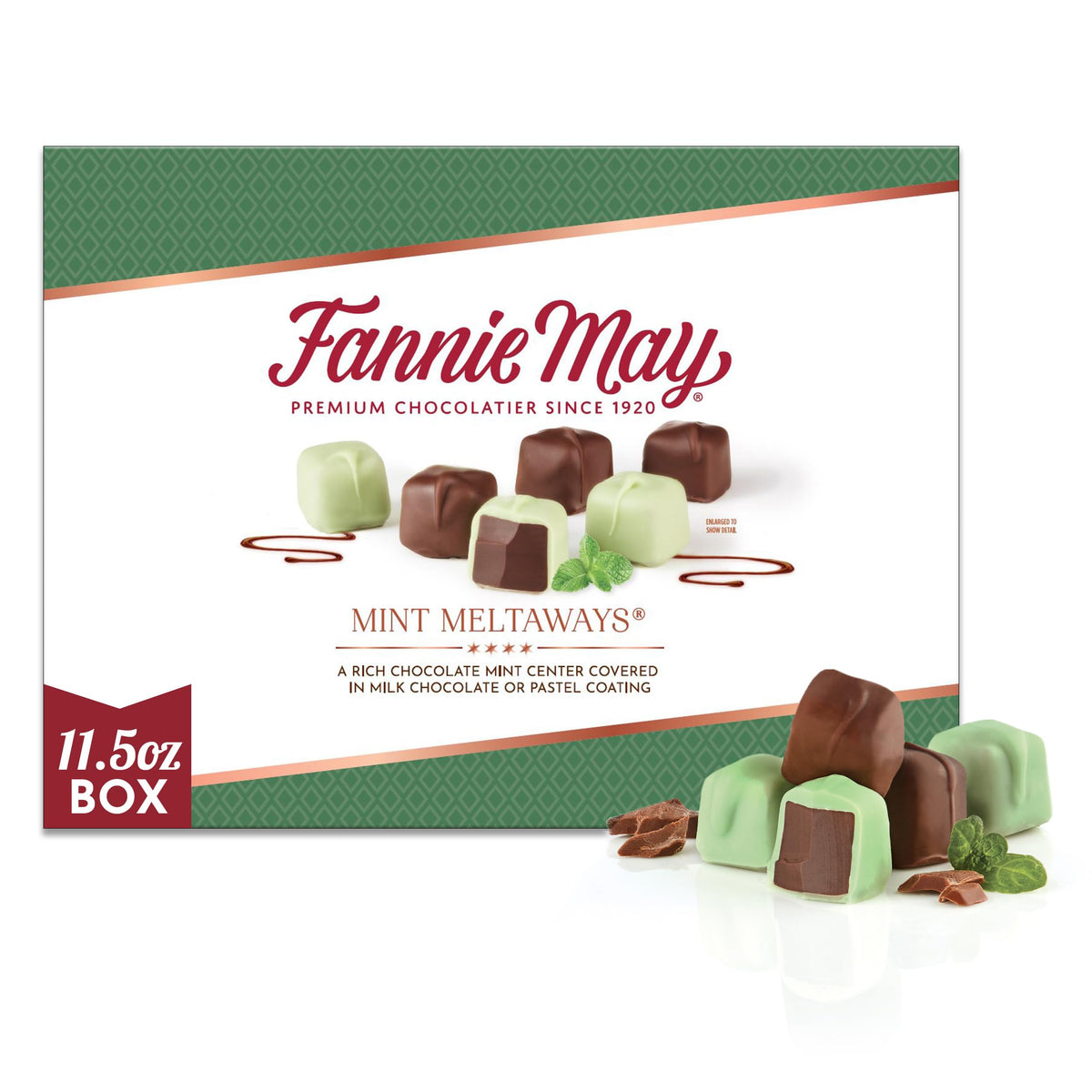 Fannie May caja frontal Mint Meltaways muestra regalo premium