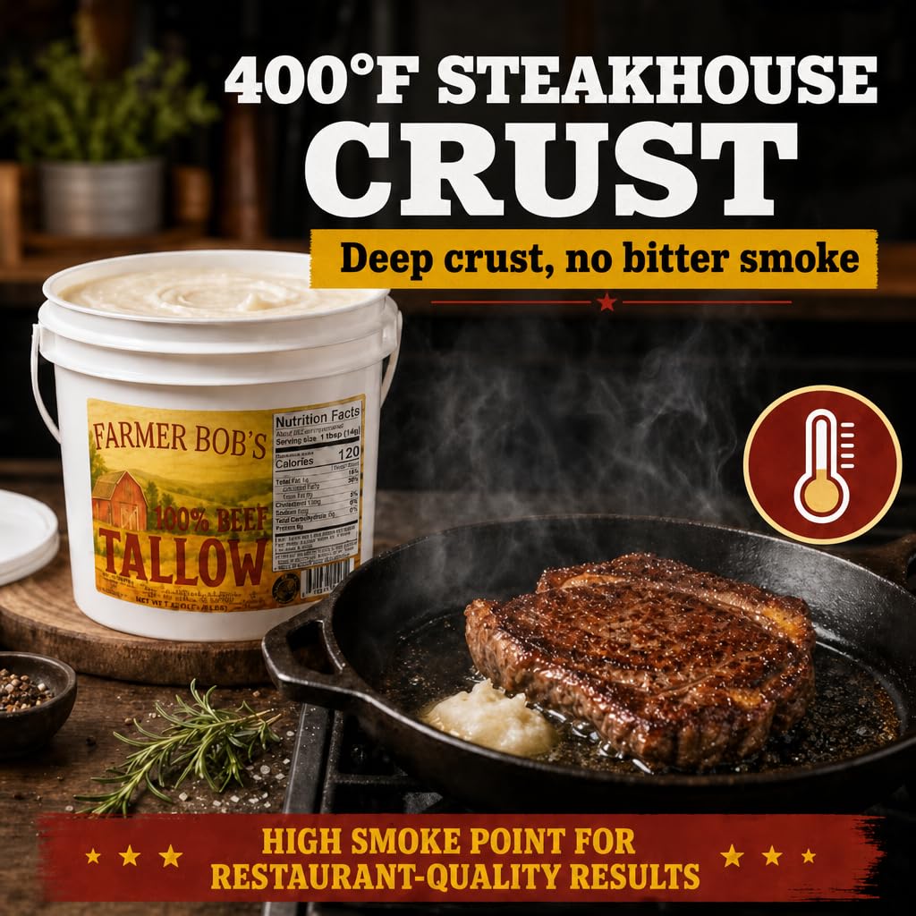 Farmer Bob's tallow calentándose en sartén para freír de forma estable