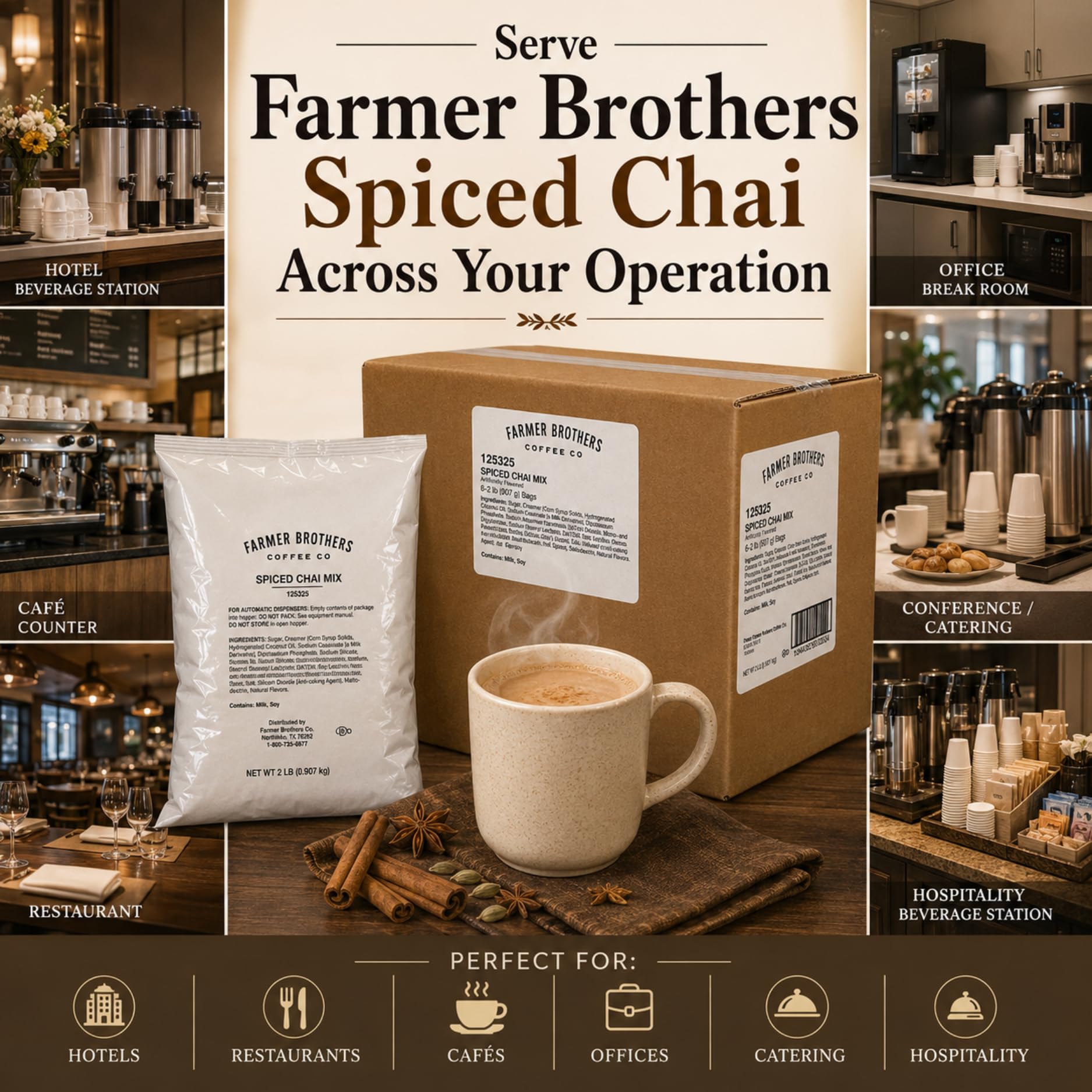 Farmer Brothers especias (canela, clavo, cardamomo) sobre tabla, aroma auténtico