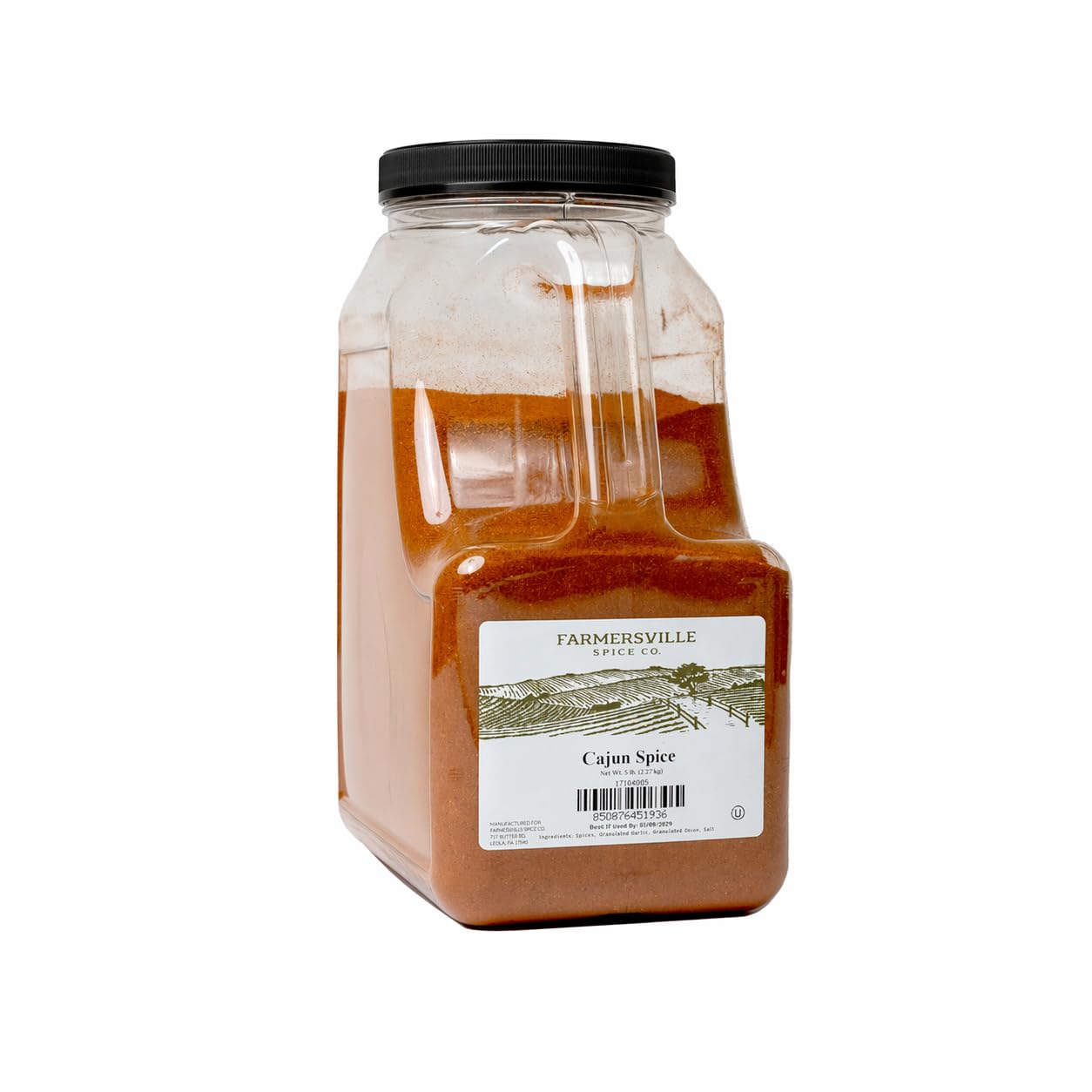 Farmersville Spice Co bote frontal de 5 lb mostrando etiqueta y presentación profesional