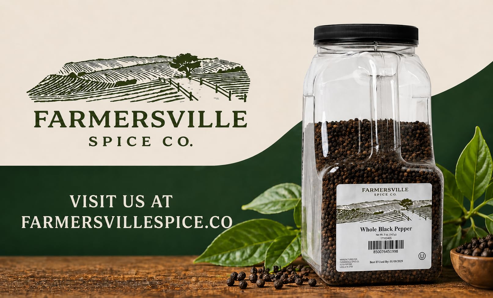Ingredientes secos junto al bote Farmersville Cajun que ilustran su mezcla aromática