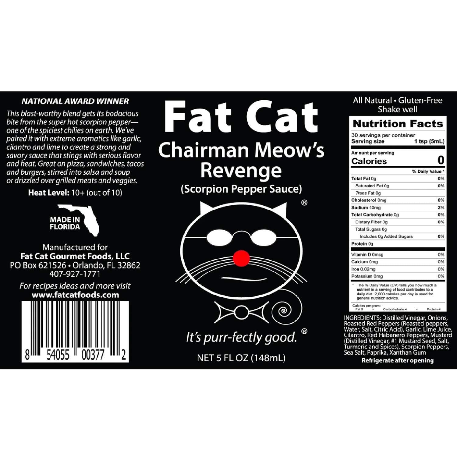 Fat Cat etiqueta con lista de ingredientes naturales, confirma calidad y aptitud